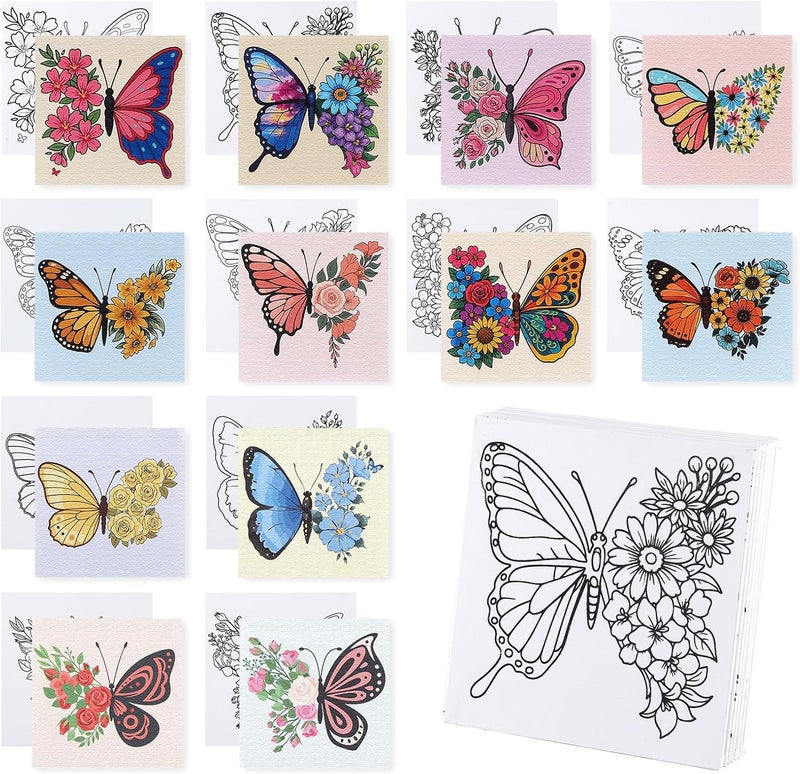Zynlio 12 Packs Butterfly Pre Drawn Canvas to Paint, Pre Printed Canvas for Painting, Pre Stretched Canvas Outline Painting Boards for Beginners, Students, Party Favors(4 * 4in) - Image 1